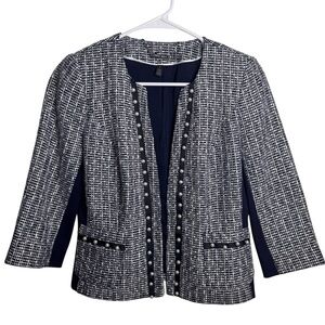 White House Black Market Navy and White Tweed Pearl-Trim Jacket